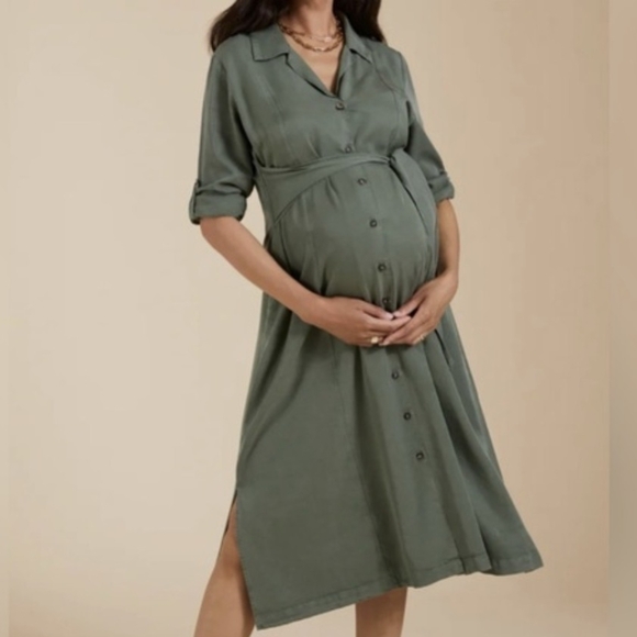 Isabella Oliver Dresses & Skirts - Isabella Oliver Kelsey Maternity & Nursing Dress, Olive Green Midi Shirt Dress